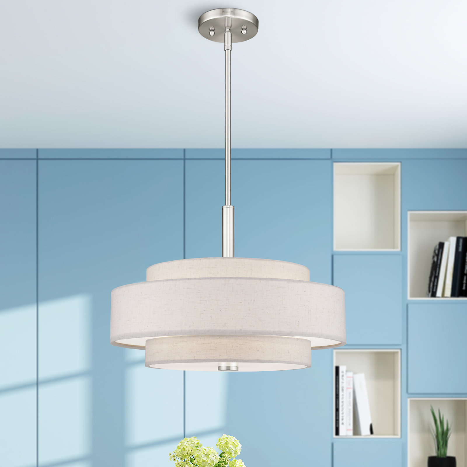 Flaire 4 - Light Steel Dimmable Drum Chandelier, Brushed Nickel, Oatmeal