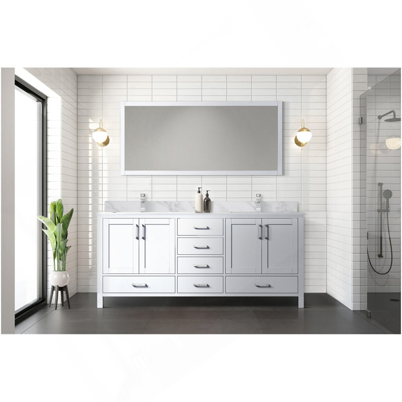 Meuble-lavabo double blanc 72 po X P 22 po D, avec plateau en marbre de Carrare, Blanc, 34,25 po H x 72 po L x 22 po P