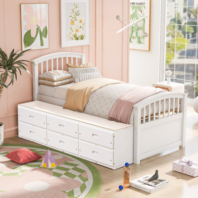 Twin Size Solid Wood Platform Bed with 6 Drawers, Storage Bed Frame for Kids & Teens, No Box Spring Needed,White