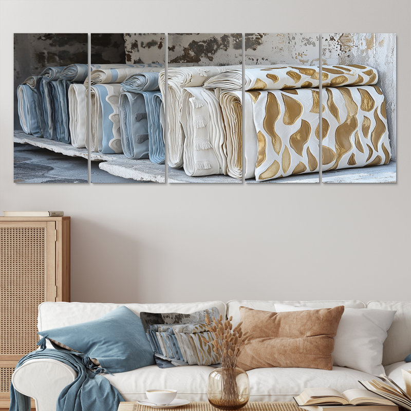 «Gold and White Moroccan Textiles I», ensemble de reproductions d'art mural marocaines, H 32 po x l 80 po