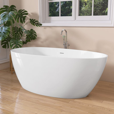 Acrylic Freestanding Bathtub 59'' x 29.5'' Stand Alone Deep Soaking Tub with Pop-up Center Drain in Glossy White -  GETPRO, Oval 59 in. Glossy White Tub