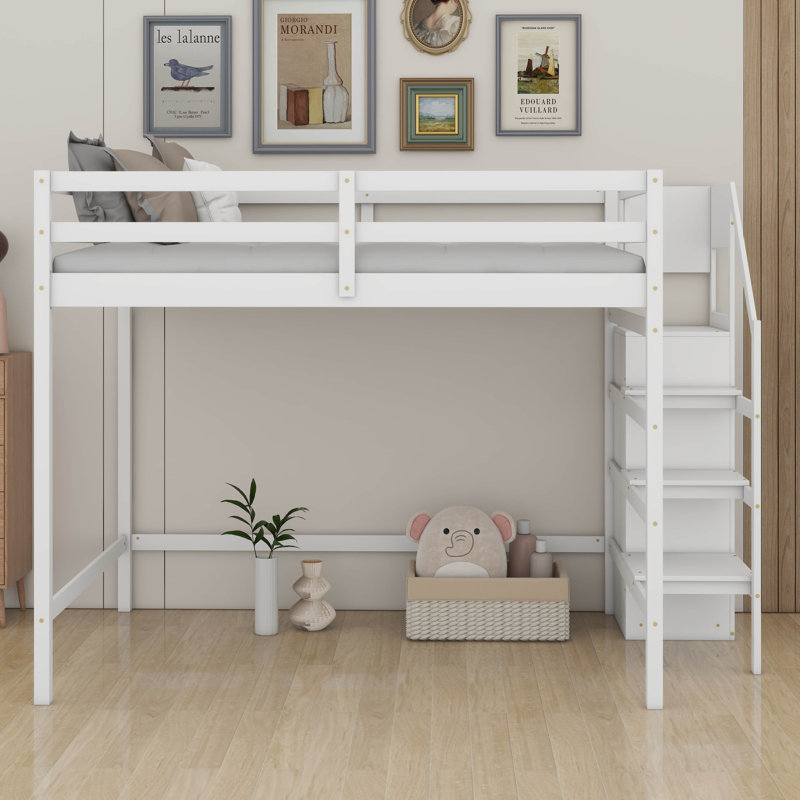 Lit mezzanine double, lit mezzanine double avec escalier de rangement et garde-robe pour les vêtements, Blanc