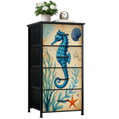 Commode rustique pour la chambre à coucher avec 4 tiroirs de rangement Hippocampe bleu Étoile de mer Coquillages Algues Vintage Commode marine nautique Commode en acier