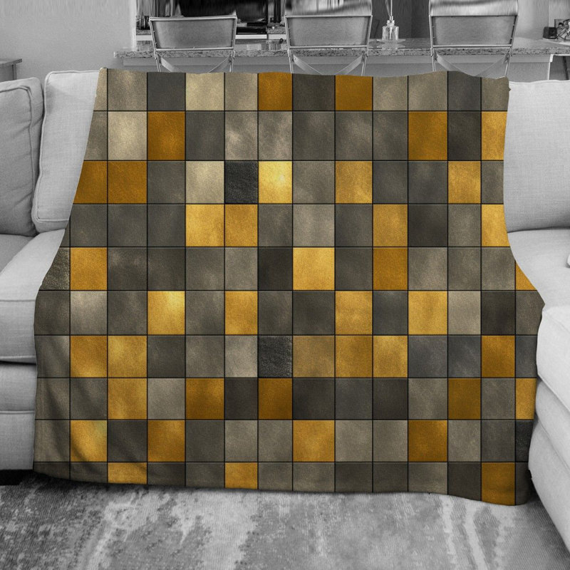 Plain Weave / Muslin Throw Blanket, Checkered, 51" W x 60" L, Gold/Gray