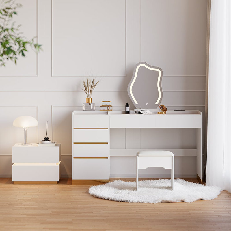Ensemble de coiffeuse moderne avec miroir lumineux, station de charge et rangement pour bijoux, Blanc