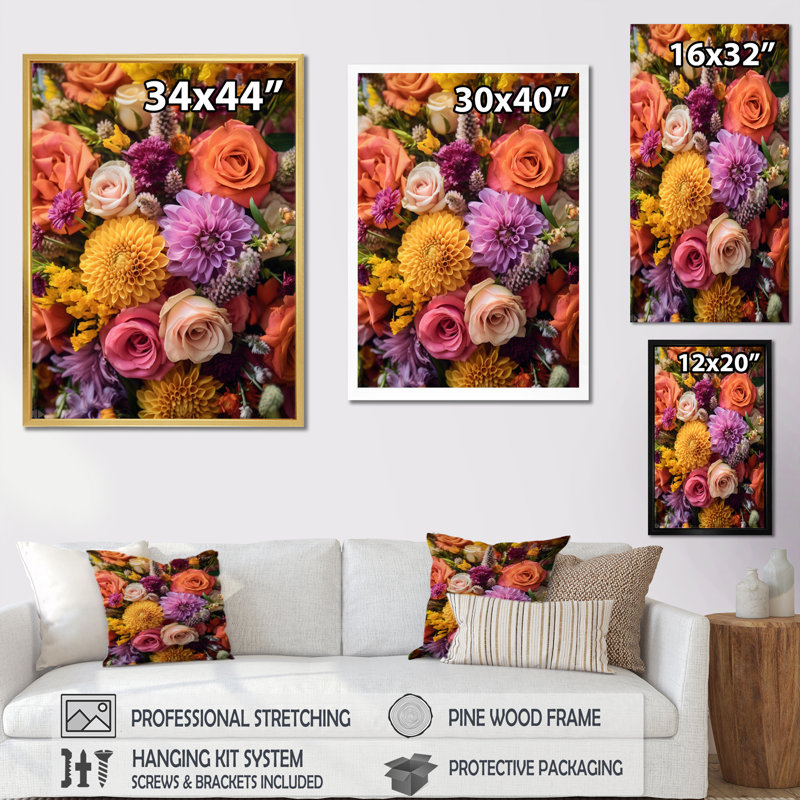Assortiment de bouquets à la ferme V sur toile, Cadre flottant doré, H 20 po x l 12 po x P 1 po