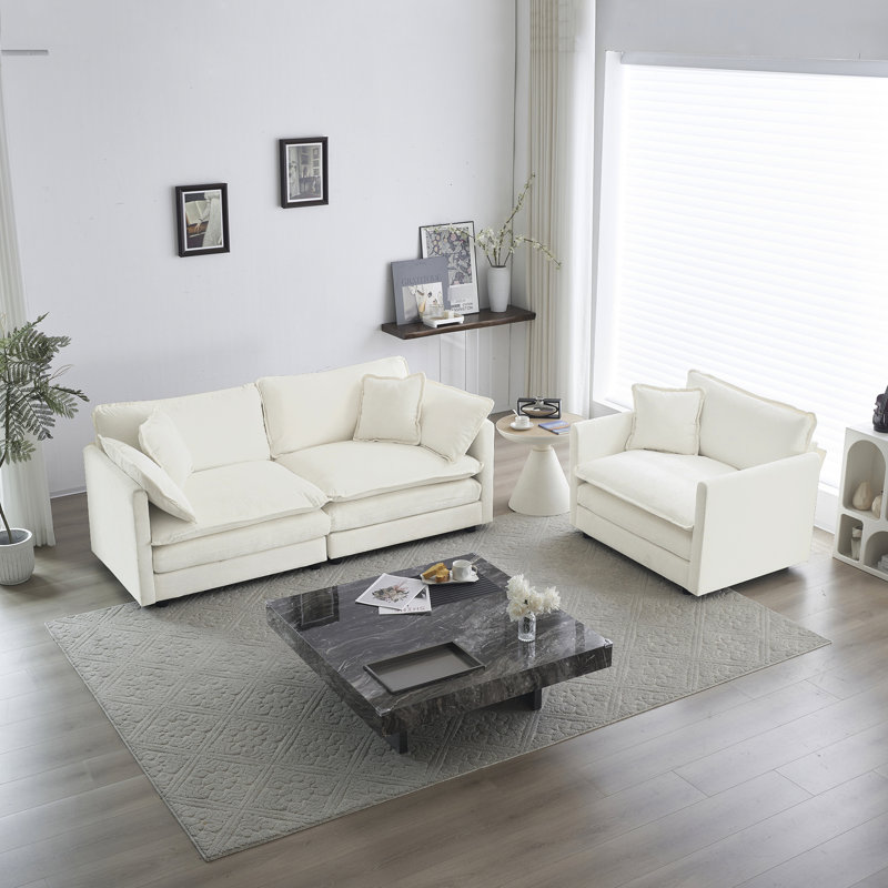 Chaise pour 2 personnes, revêtement en chenille blanc, structure en bois, rembourrage en éponge confortable, fauteuil d'appoint de salon, housse luxueuse, centre de table élégant,