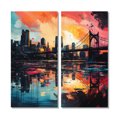 Ensemble de 2 décorations murales colorées Pittsburgh Cityscape