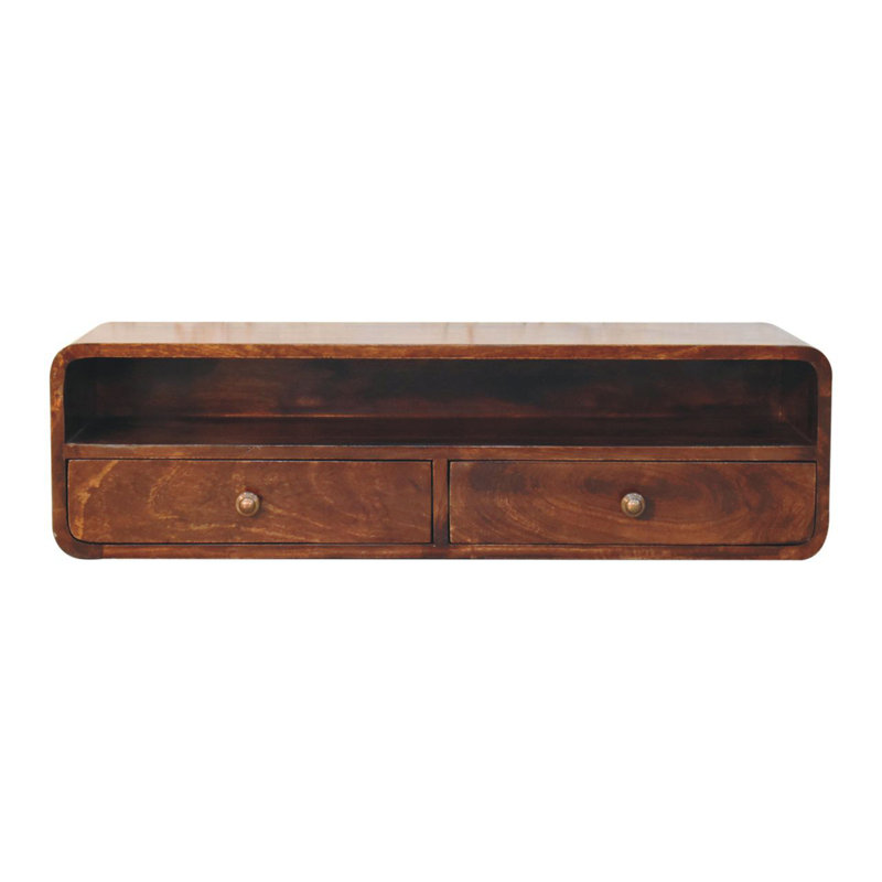 Console flottante en bois massif noyer de Californie, 2 tiroirs, brun