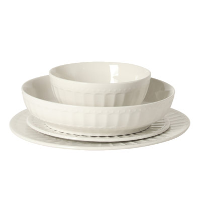 Gibson Home Melbourne White Plates And Bowls Set, 16 Piece Embossed Ceramic Dinnerware Set - Service For 4 Dishe
