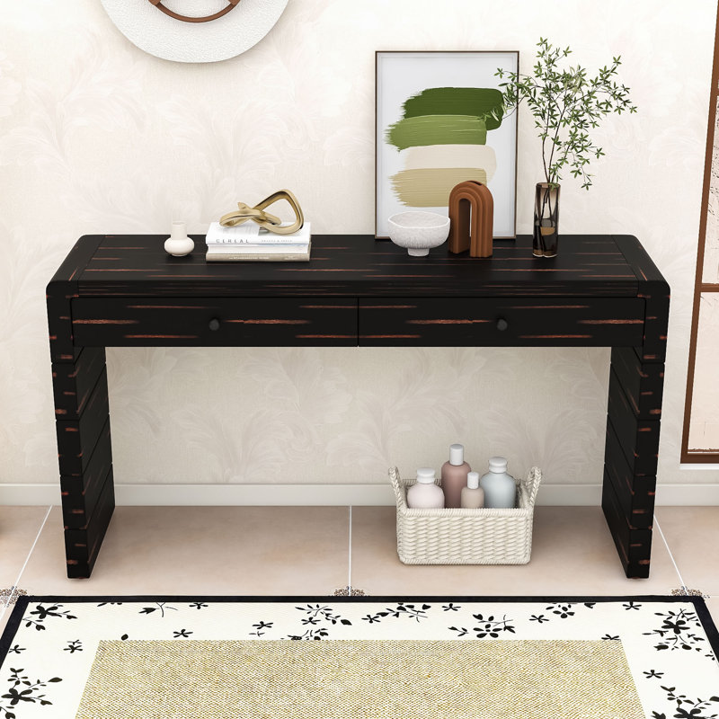 Farmhouse Curved Console Table with 2 Storage Drawers for Living Room, Distressed Black