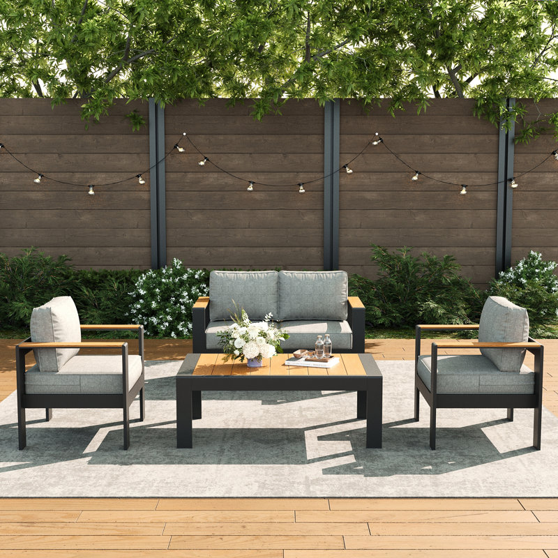 Outdoor Aluminum Furniture Set with Coffee Table, Modern Patio Conversation Sets for Porch, Backyard, Light Grey