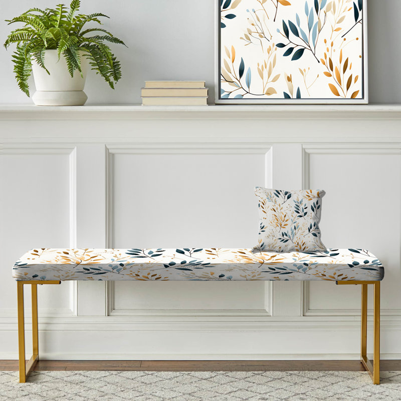 Floral Upholstered Gold Bench, Minimalist Leaves Plants Floral