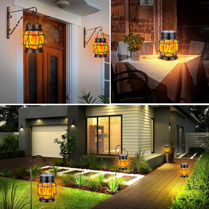 Ensemble de 4 lanternes solaires d'extérieur à effet de flamme scintillantes en métal à effet de flamme scintillantes et imperméables pour la véranda du patio - Auto marche / arrêt, aucun câblage nécessaire