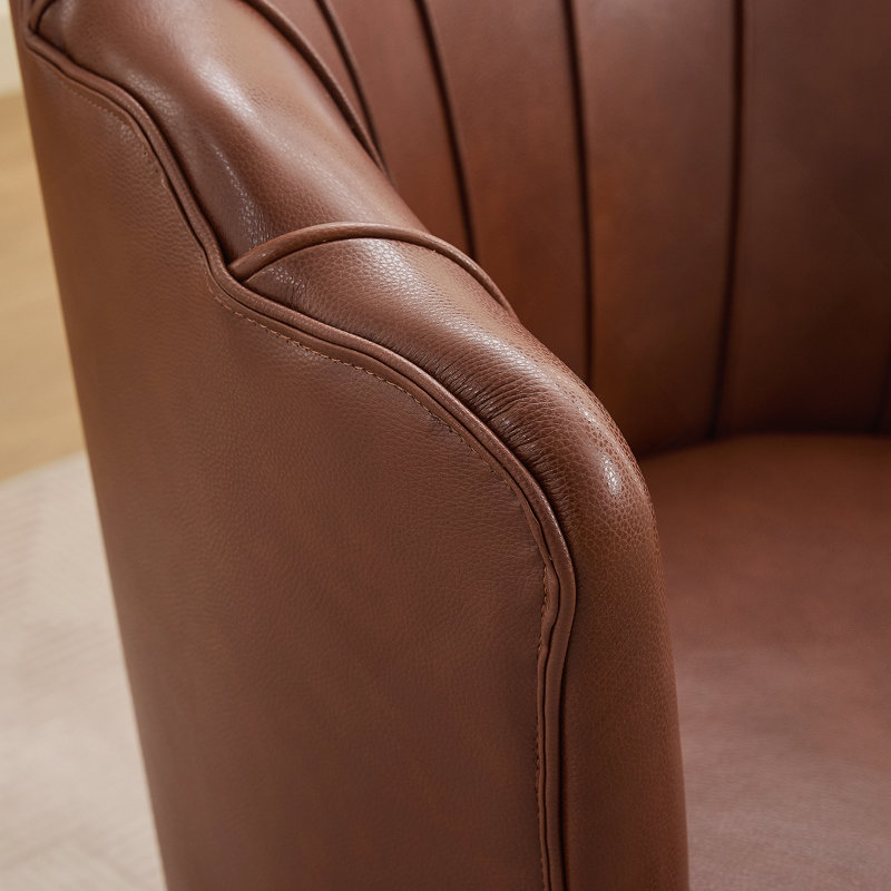 Fauteuil pivotant à pétales brun - base en métal pivotant à 360 °, fauteuil de bureau à oreilles en cuir véritable à grain supérieur, siège d'appoint de bureau incurvé à conception cannelée