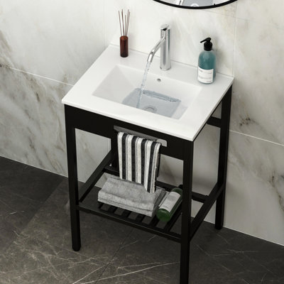 24" X 18" Ceramic Console Sink For Bathroom, Overflow And Black Legs, Smooth Non - Porous Surface, Space Saving Wall Mounted, Suitable Indoor/Outdoor Settings Bathroom With Hygienic Stain , Low Water