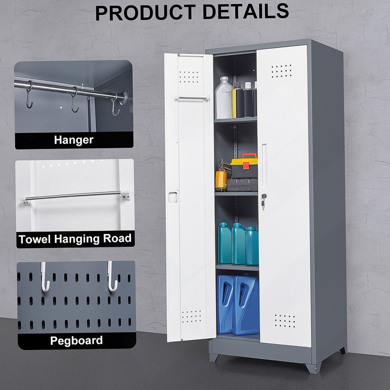 Broom Storage Cabinet With Locking Doors And Shelves, Metal Storage Cabinet With Hanging Rod And S-Hooks, Gray/White