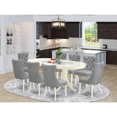9 Piece Dining Table Set Consists of an Oval Kitchen Table with Removable leaf and 8 Chairs, linen white