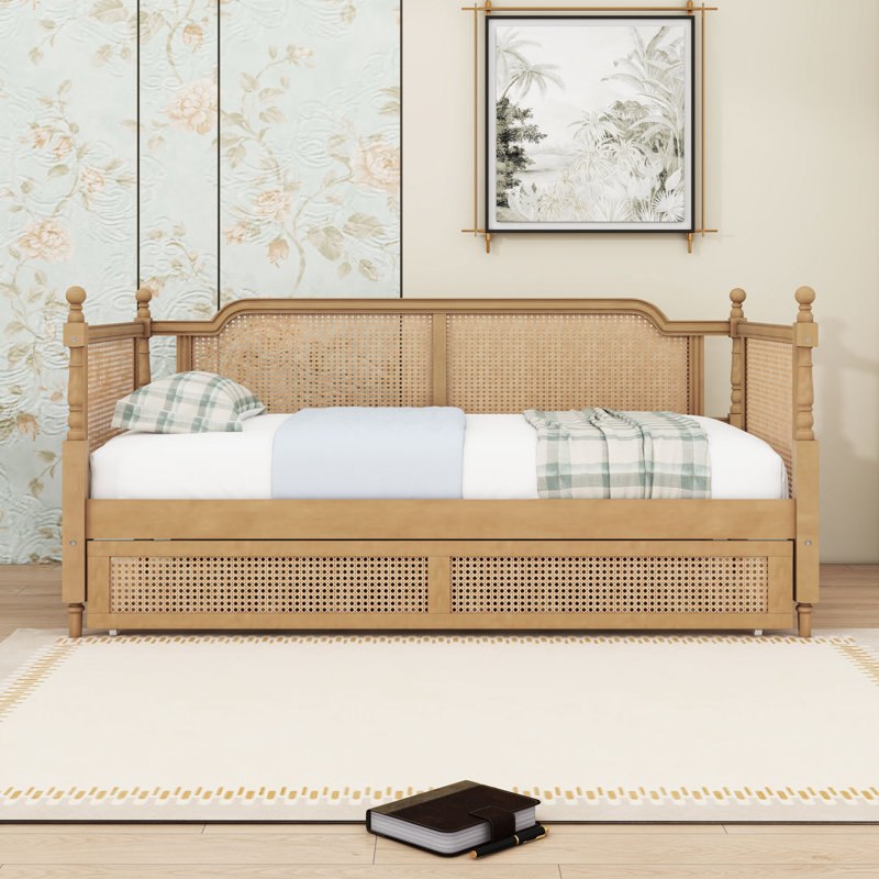 Wooden Daybed with Headboard and Trundle, Twin, Antique Walnut