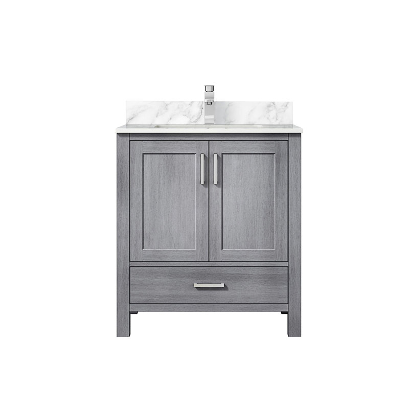 Meuble-lavabo gris patiné 30 po X P 22 po D, dessus en marbre de Carrare et ensemble de robinet