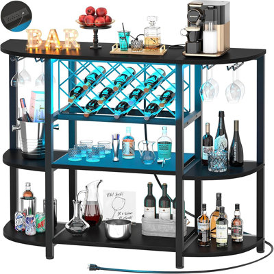 Armoire de bar et de café avec prise et lumière DEL - Table de bar autoportante avec porte-verre et rangement pour le vin, support de boulanger pour la cuisine ou la salle à manger, noir