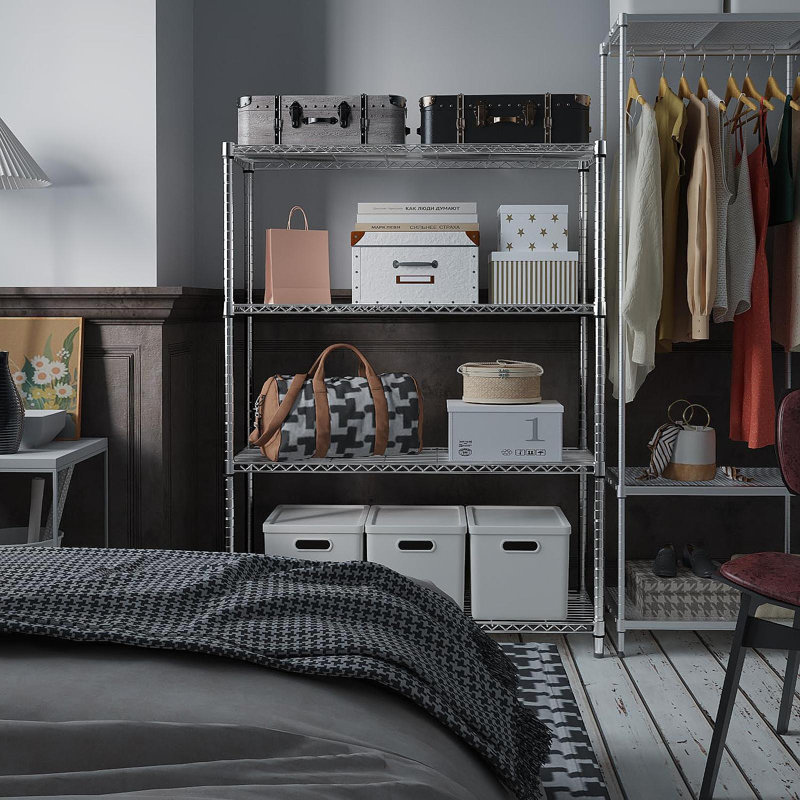 Étagère de rangement à 5 tablettes de 1400 lb, étagère grillagée en métal robuste, étagère de garage réglable pour garde-manger (chrome, 4 niveaux, P 15,8 po x l 45,3 po x H 59,4 po)