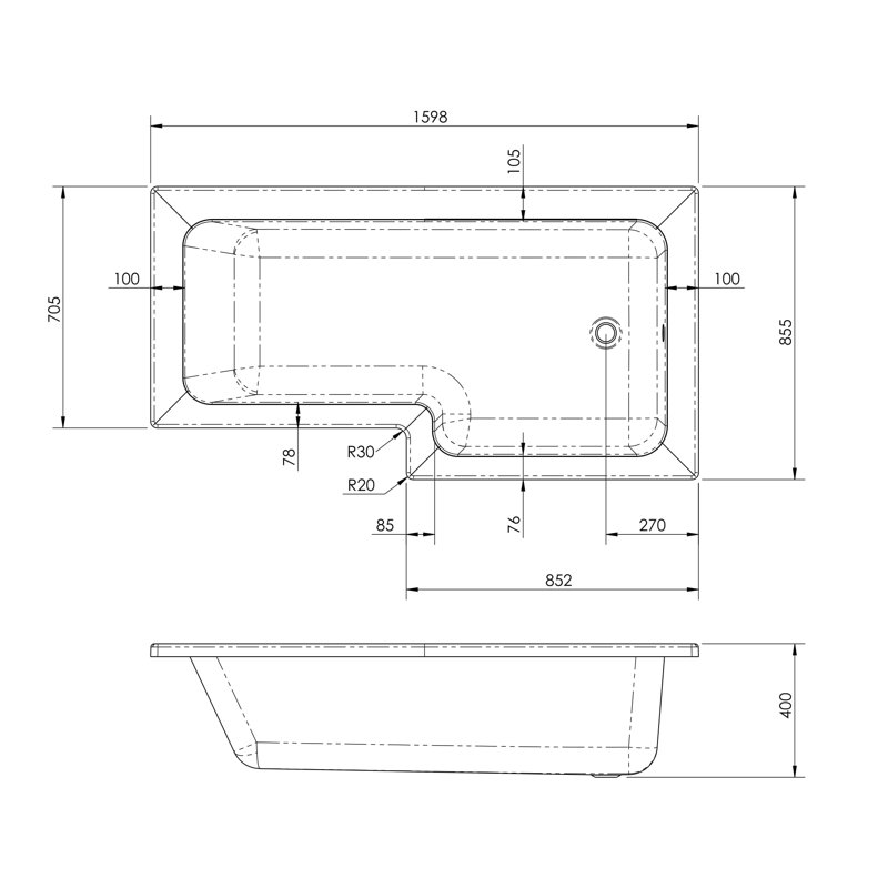 1600mm x 850mm Soaking Acrylic Bathtub, Right Hand