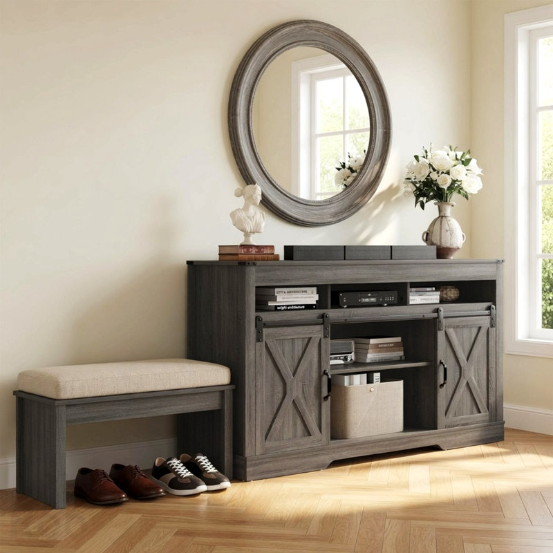 Meuble télé de style ferme de 58 po avec portes coulissantes de style grange et rangement, pour téléviseurs de 65 po et plus - Gris foncé