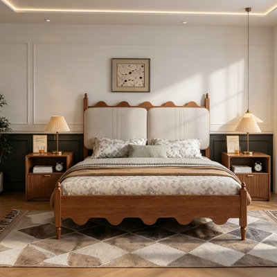 Ensemble de chambre à coucher 3 pièces : 1 lit plateforme Queen avec tête de lit rembourrée en lin et coton et 2 tables de chevet avec station de recharge
