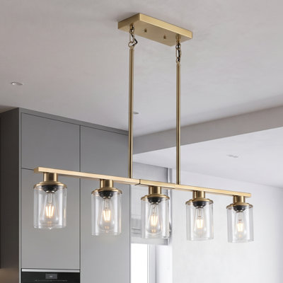 37'' 5-Light Gold Kitchen Island Chandelier Farmhouse Linear Pendant Light with Glass Shades