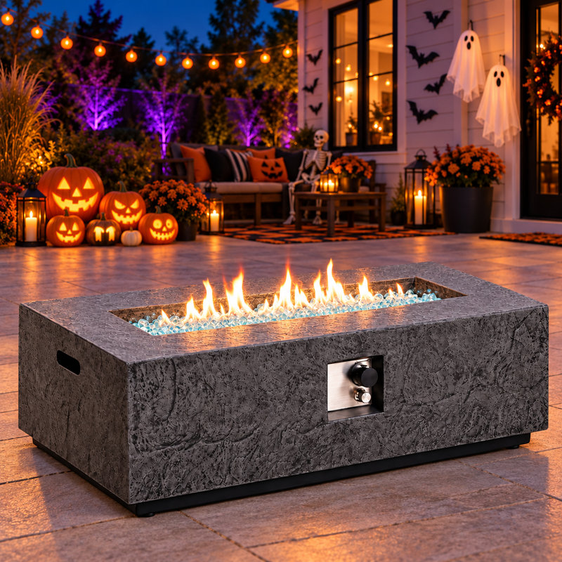 Table de foyer rectangulaire au propane de 122 cm (48 po), 50 000 BTU, certifiée CSA, en MGO, avec verre à feu bleu et aspect pierre grise, idéale pour terrasse, jardin et coin détente extérieur.