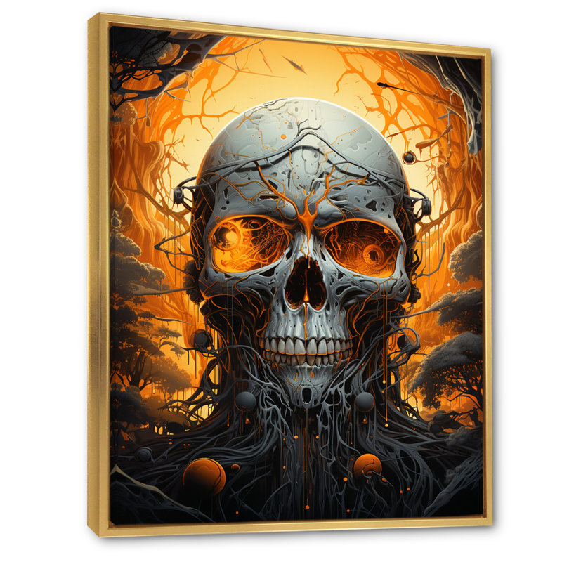 Tête de mort souriante pleine lune d'Halloween - impression, Cadre flottant doré, H 44 po x l 34 po x P 1,5 po