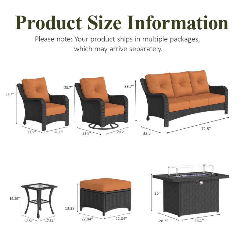 10 Piece Wicker Outdoor Furniture Set With 6-inch Comfy Cushions, High Back Patio Furniture Set With Swivel Rocking Chairs And Fire Pit Table