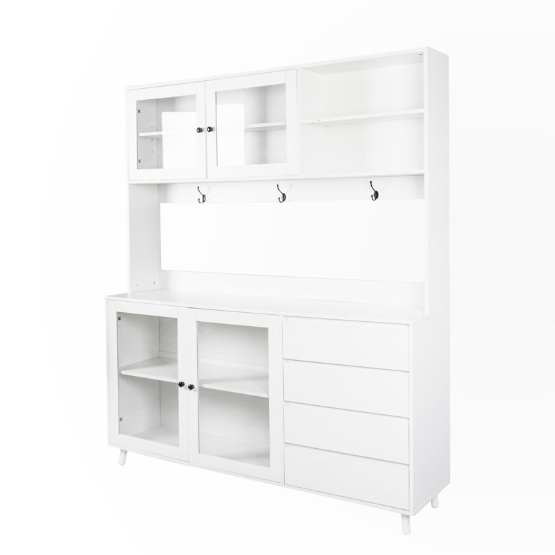 Large Kitchen Hutch Cabinet with 4 Doors, White