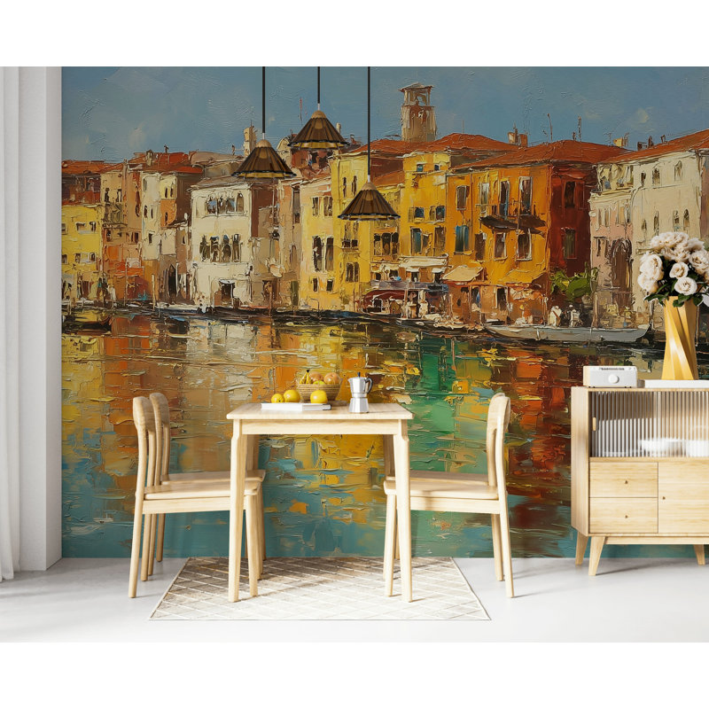 Panneau mural de bâtiments colorés bord de mer Méditerranée, Non tissé, 160 po x 108 po