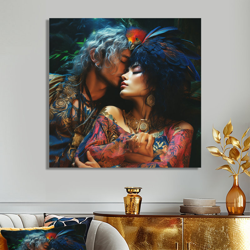 Amour bohémien plume bleue amour éternel - Couple, art mural, H 30 po x l 30 po x P 1 po, Métal métal