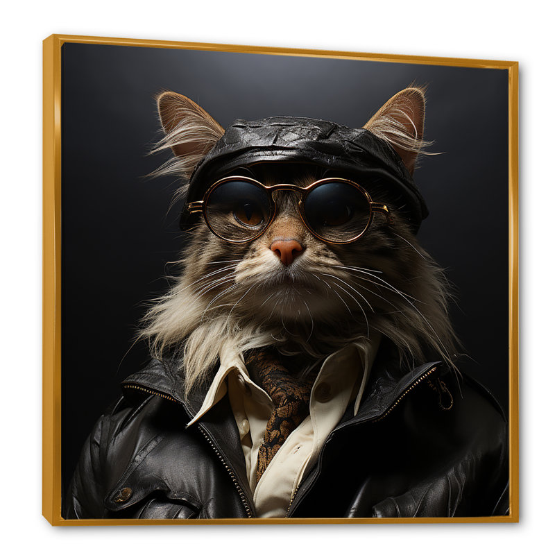 Chat, art mafieux, art mural, Cadre flottant doré, H 16 po x l 16 po x P 1 po