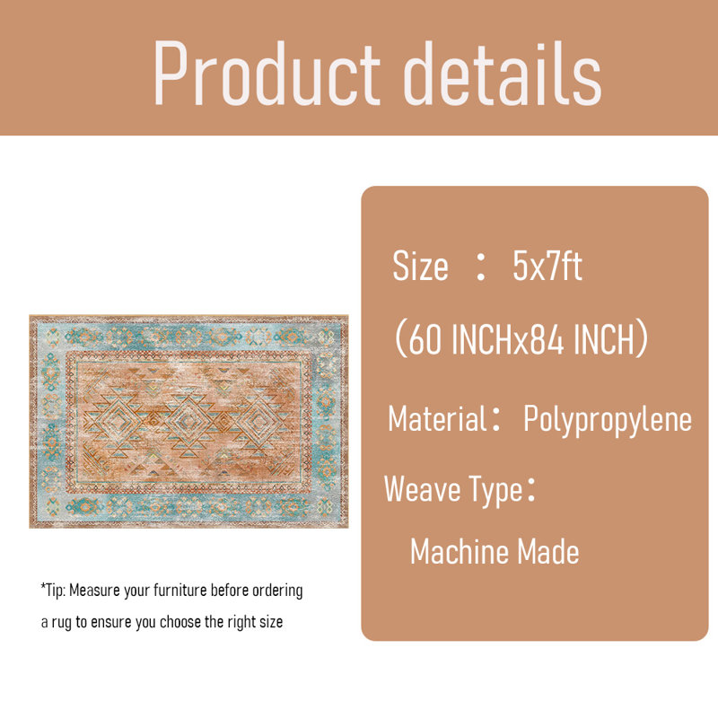 Tapis à poils courts, lavable à la machine, pliable, Rectangle 5 pi x 7 pi