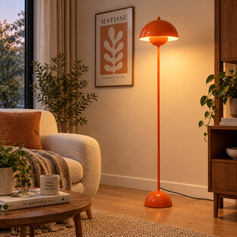 Lampe sur pied industrielle avec abat-jour industriel en métal orange pastel, Orange