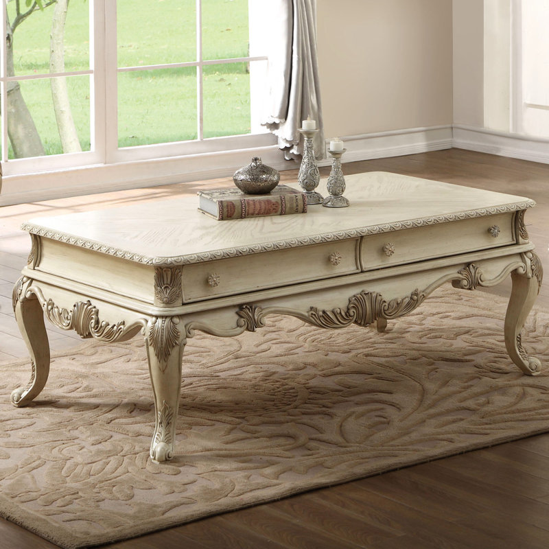 Table basse rectangulaire antique blanche avec 2 tiroirs, pieds, arrêt, rangement pour outils de barbecue