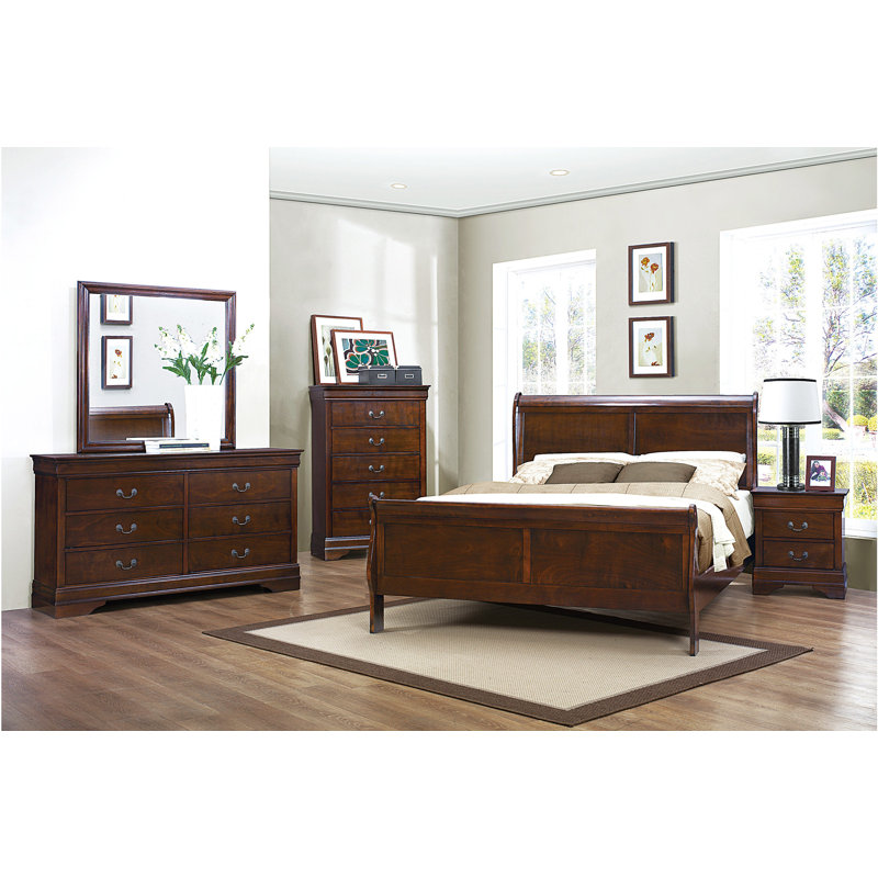 Ensemble de chambre à coucher avec lit-bateau Arryanna 3 pièces: lit, commode, miroir, Double, Cerisier brun bruni