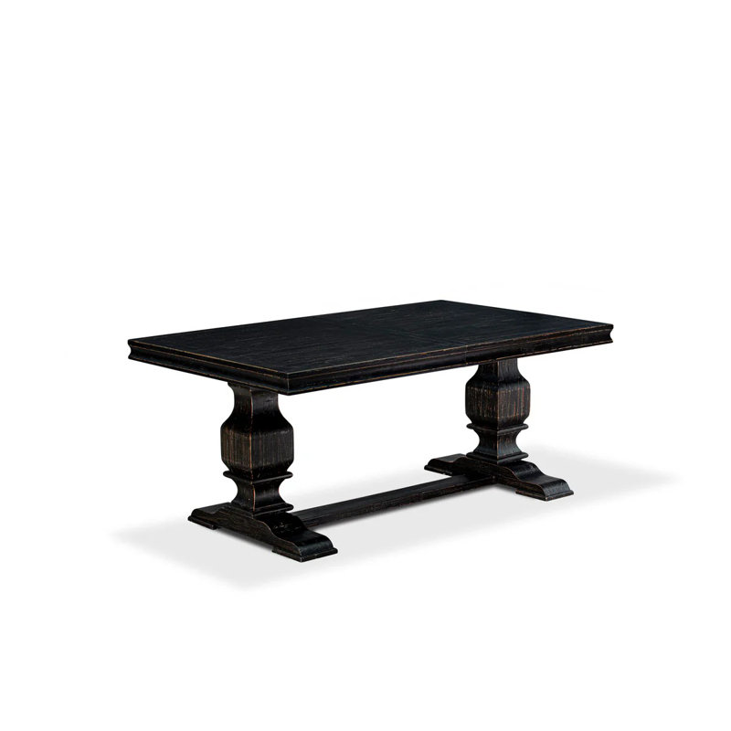 Cet ensemble de table à manger 7 pièces comprend une table de cuisine et 6 chaises modernes en tissu de polyester bleu marine avec dossier capitonné à boutons - finition noire sablée.