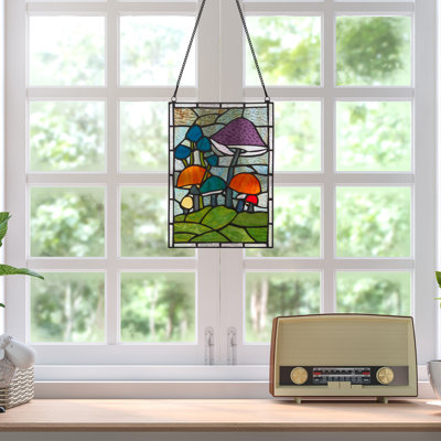 11.5"H Tiffany-Style Mushrooms Stained Glass Window Panel