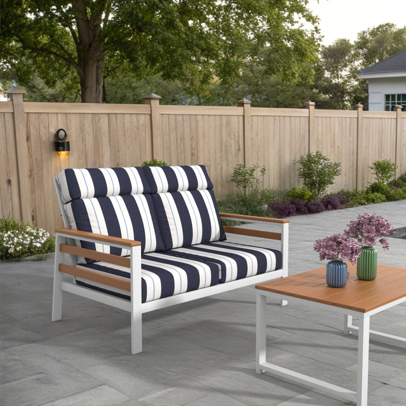 Causeuse d'extérieur en métal avec coussin Sunbrella Townsend, Sunbrella Relate Harbor