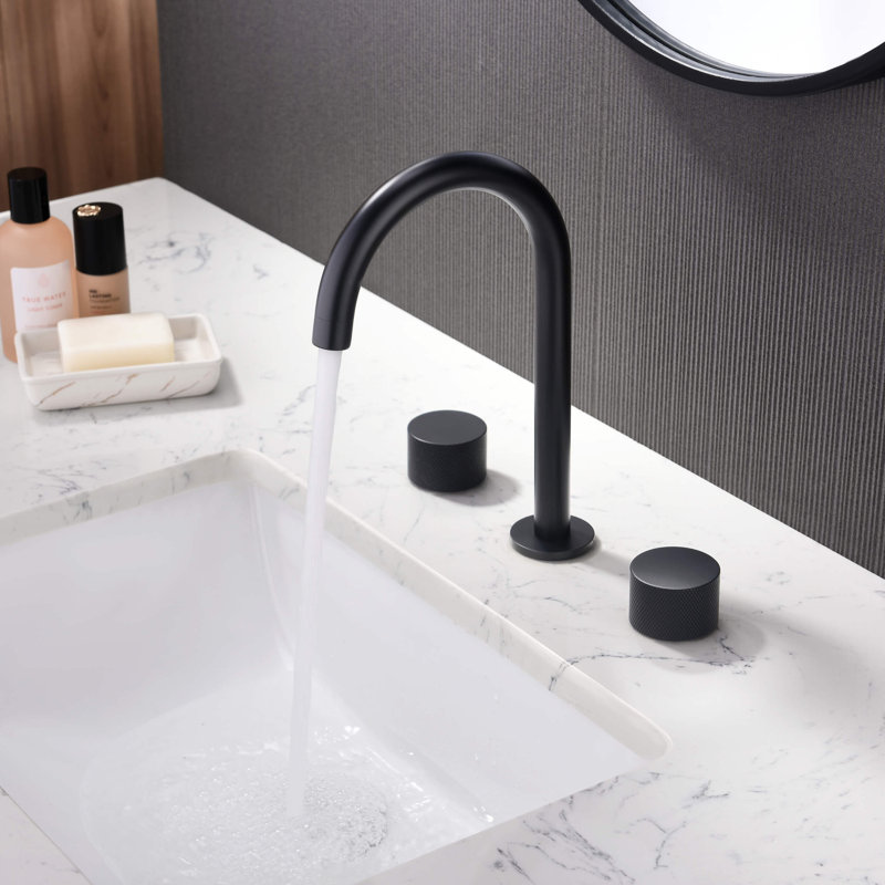 Robinet de salle de bain circulaire encastré à 3 trous et 2 poignées avec ensemble de drain circulaire X, Noir mat