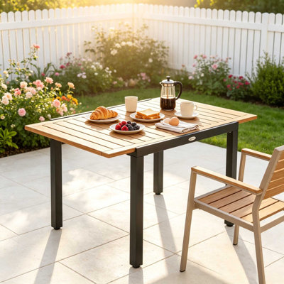 Natural Wood Expandable Patio Dining Table, 120cm Outdoor Dining Table with Acacia Wood Top & Black Metal Frame,