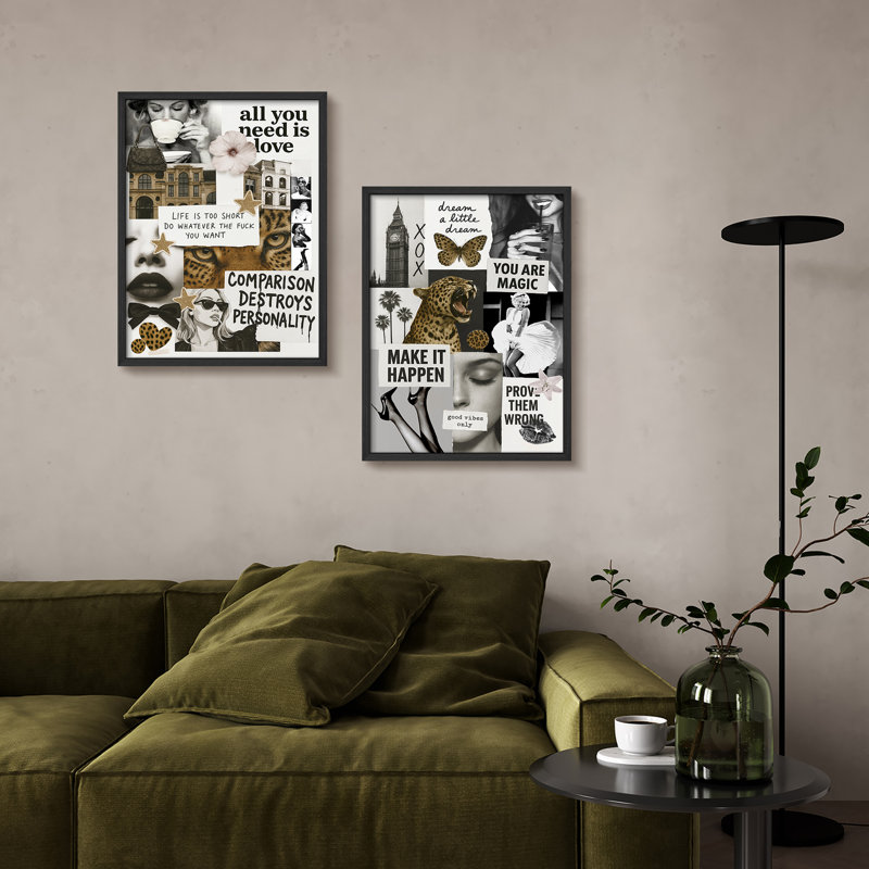 Ensemble 2 pièces d'art mural collage monochrome, H 14 po x l 11 po, Noir, noir, noir, noir