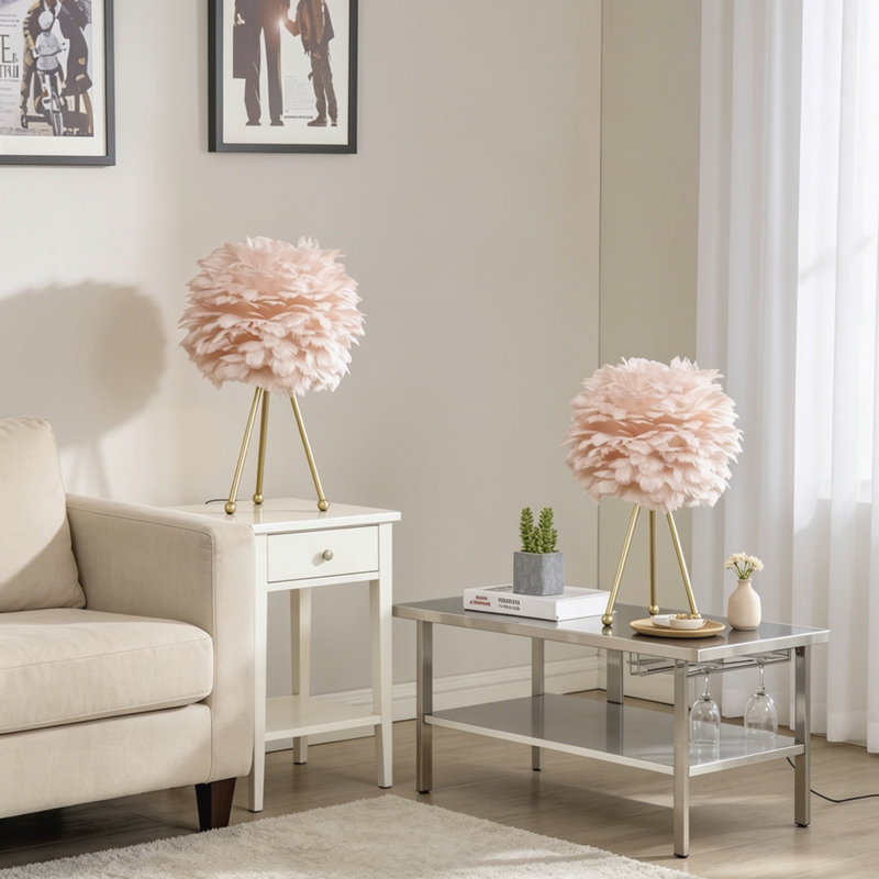 Ensemble de 2 lampes de table H 19 "à plumes roses et base trépied pour table de chevet