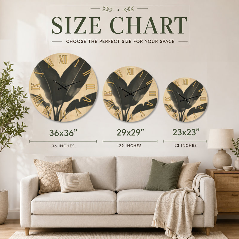 Horloge murale ronde tropicale noire Inked Banana Fronds II, imprimée sur bois, Médium