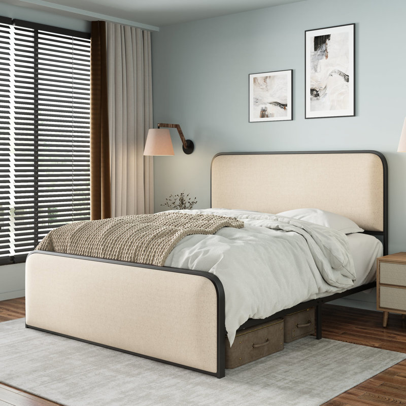 King Bed With Beige Upholstered Headboard And , Metal Construction, Extra Under Storage Option Modern Bed, Frame, Head Ample Area